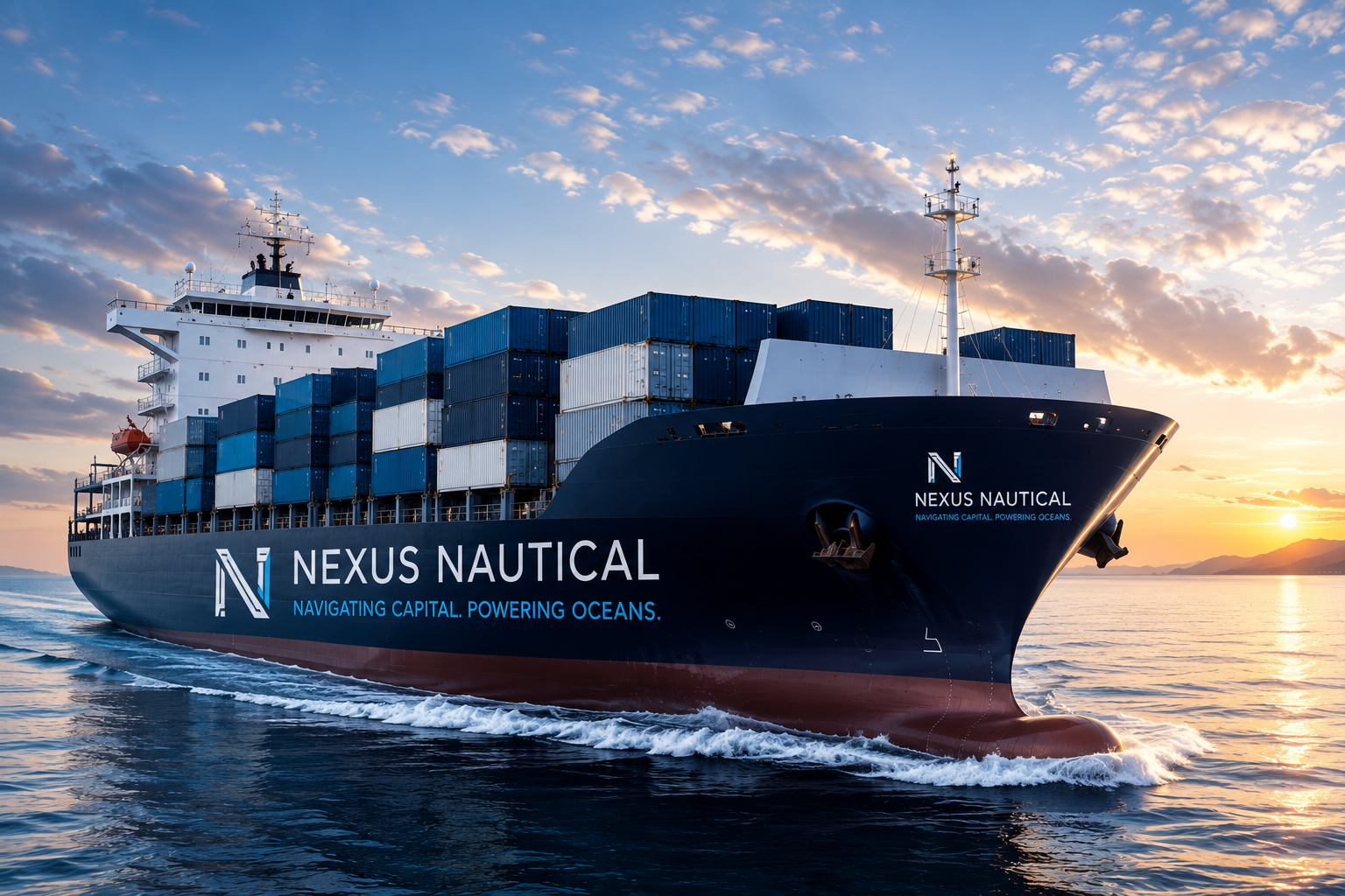Nexus Nautical container ship at sea, hull branded with the Nexus Nautical logo